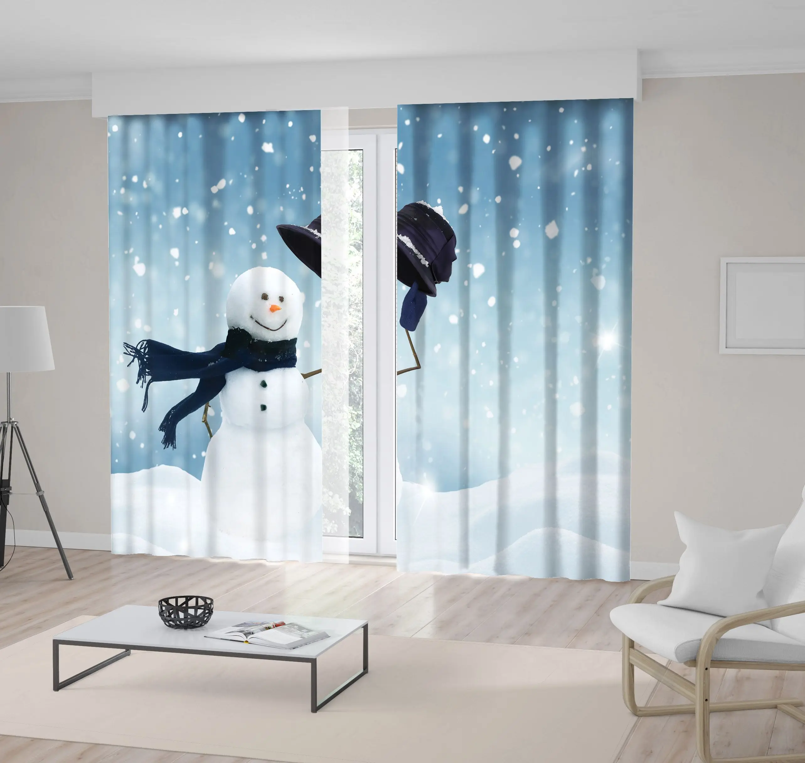 

Curtain Smiling Happy Snowman with Hat Snowing Winter Landscape Christmas New Year Holiday White Blue Art