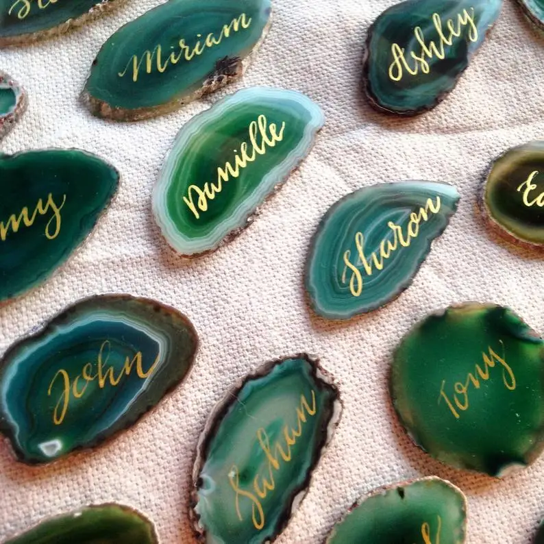 

Wedding Party Place Cards On Agate Slices in Green, Purple, Blue, Brown - Escort Cards, Placement Cards, Outdoor Garden Party Ac