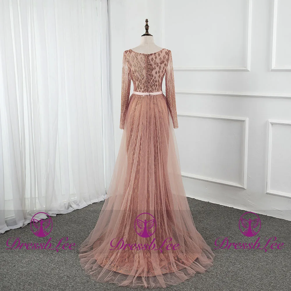 Fashionable sexy V-neck transparent mermaid evening dress golden full sleeve crystal banquet dress shiny lace dress