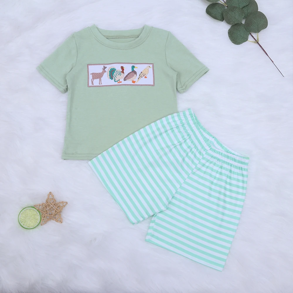 

Babi Boy Clothes School Season Cotton Clothes Set Cute Animal Embroidery T-shirt + Green Stripe Leisure Sport 2pcs Children Set