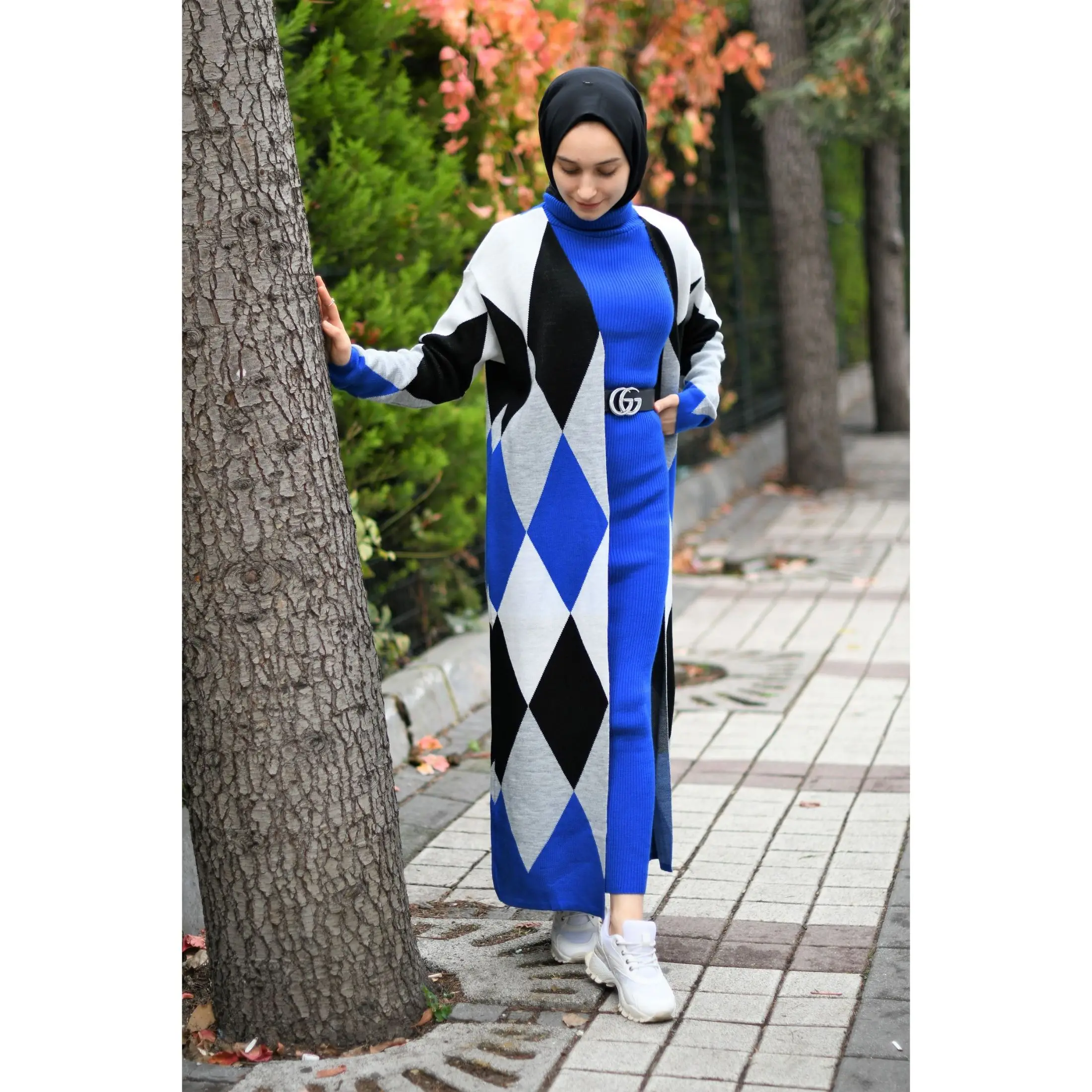 Two Piece Muslim Sets Maxi Dress and Diamond Pattern Cardigan Abaya Set Modest Islamic Clothing Sets Hijab Turkish Dresses Dubai
