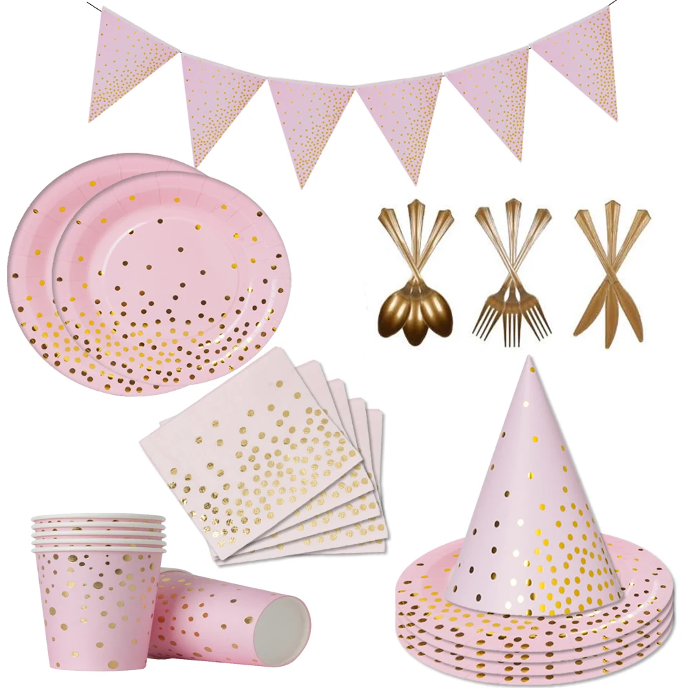

10pcs Pink gold Dot Bronzing tableware party disposable supplies birthday decorations plates cups napkins Wedding Decoration