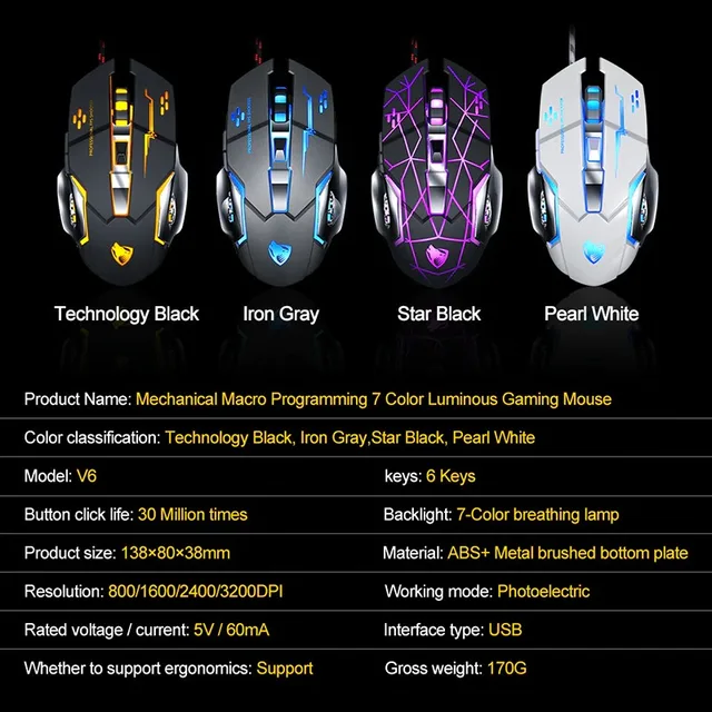Wired Gaming Mouse USB Optical Gamer Mouse Ergonomic Mice 6 Buttons 3200DPI Computer Programmable Mouse For PC Laptop Desktop 6