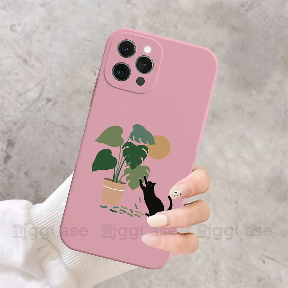 Мягкий силиконовый чехол с изображением кошки и растения для iphone 11 12 13 Pro Mini X XS Max XR