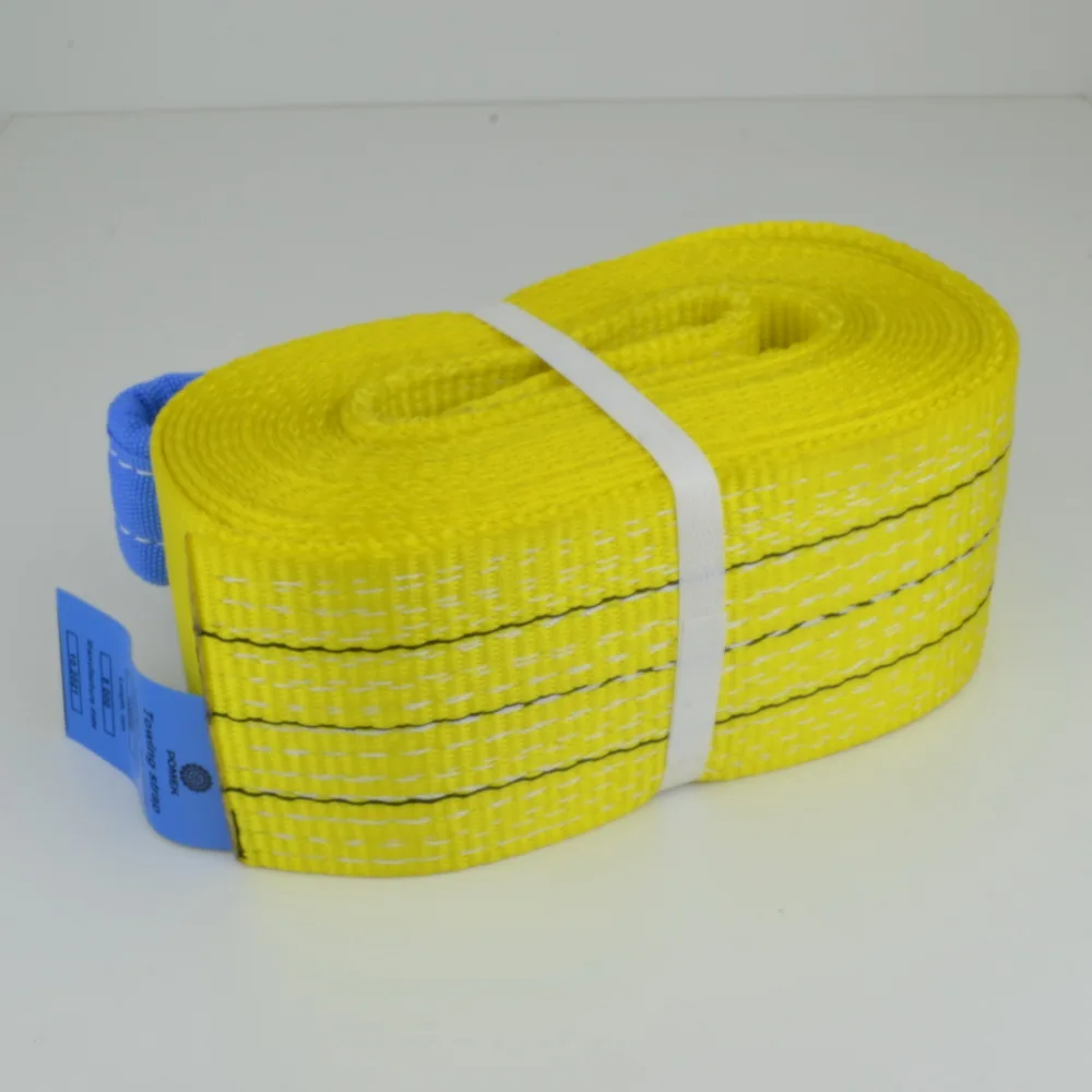 Towing tie belt ROMEK. Maximal towing capacity 10500 daN. 1 layer. Length 8 m. Width 90 mm. High quality. Rust-free polyester. For passenger cars.