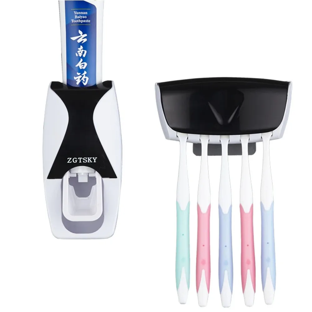 Dispensador autom&aacute;tico de pasta de dientes, soporte de pared a prueba de polvo, estante de almacenamiento, juego de accesorios de ba&ntilde;o, exprimidor-3