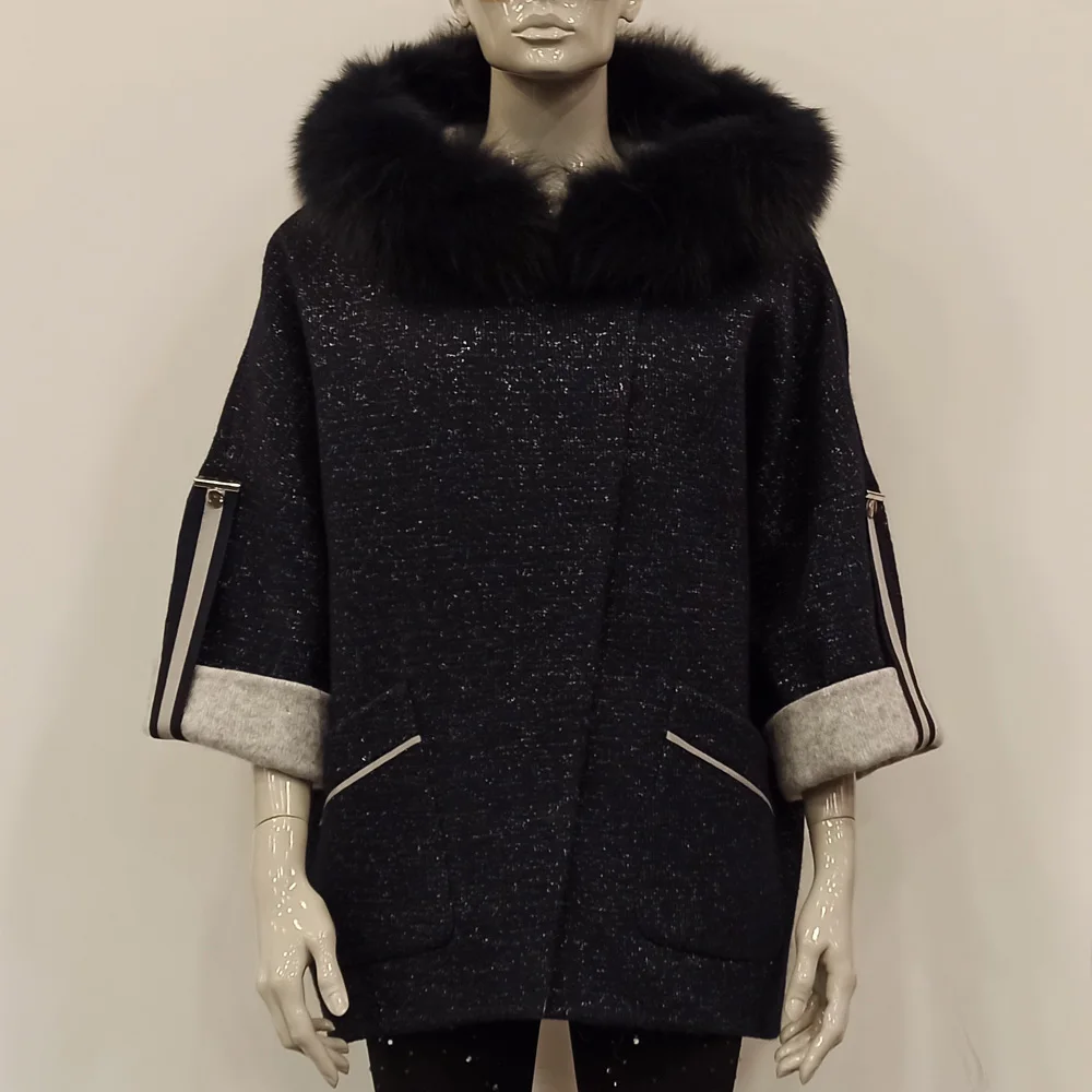 

Women Winter Navy Blue Parka Silver Fox With Hood Edge Removable Female Business Coat Plusize 2021 New Fashion Autumn Outerwear