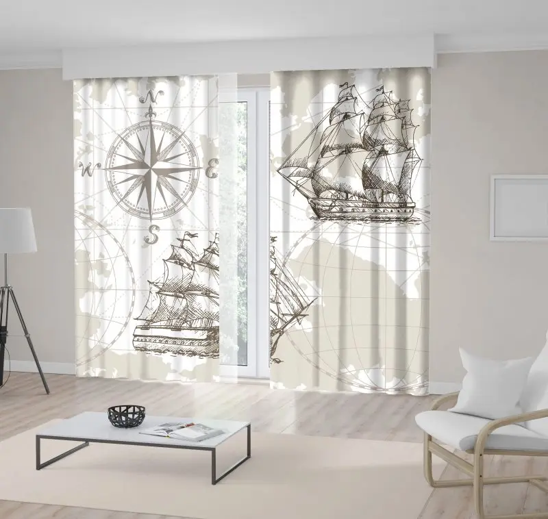 

Curtain Compass and Sailing Ships on World Map Background Monochromic Vintage Style Artwork Beige White