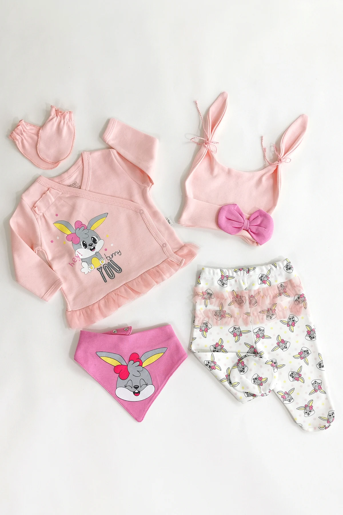 

Rabbit Printed 5 Pieces Newborn Baby Girl Hospital Outfit Cotton