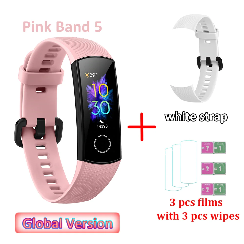 W strap and 3 films Global Versio huawei Honor Band 5 4, умный Браслет, умный браслет, шагомер, сенсорный экран, для плавания, сердечного ритма, сна, монитор - Цвет: W strap and 3 films