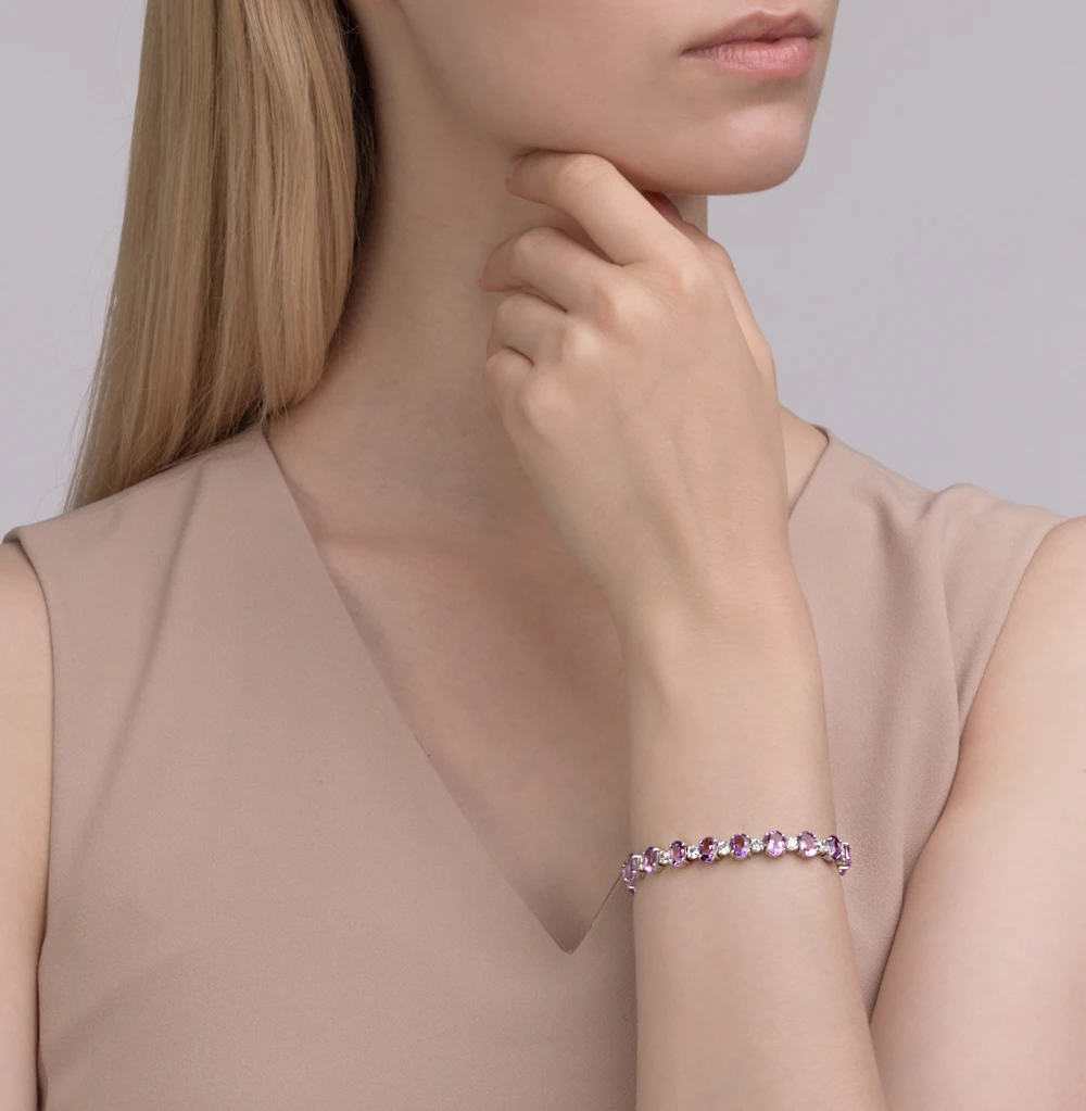 Серебряный браслет с аметистом и фианитами SUNLIGHT проба 925|Гибкие жесткие браслеты|