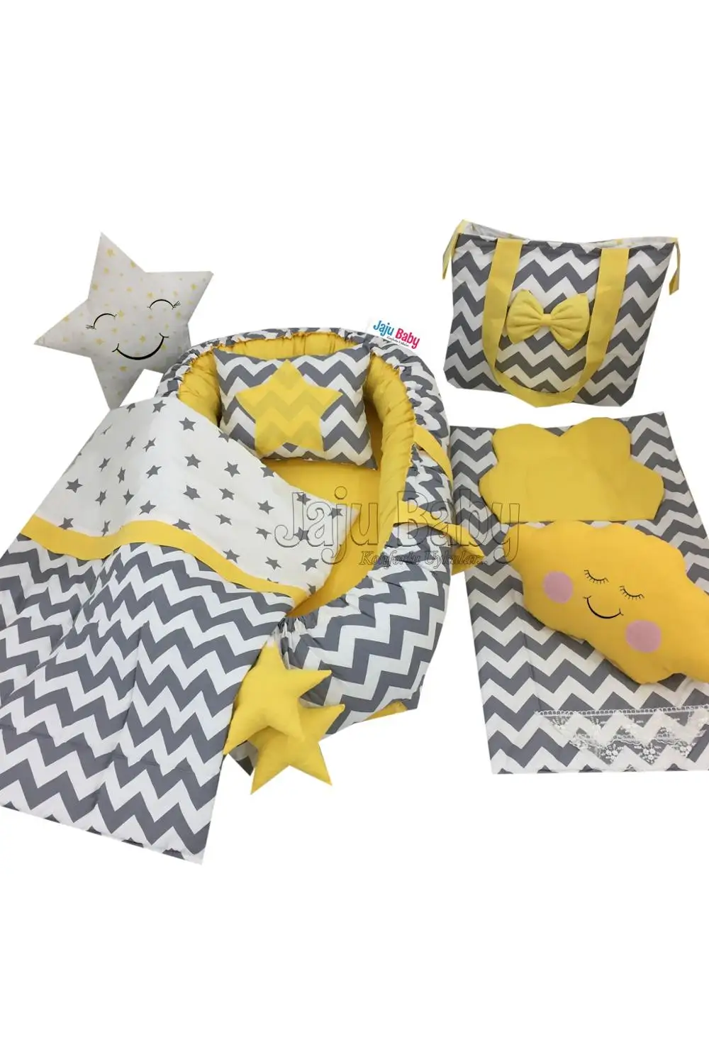 Jaju Baby Handmade Gray Zigzag Yellow Design Orthopedic Luxury Babynest 8 Piece Set Baby Bed Mother Side Portable Baby Bed