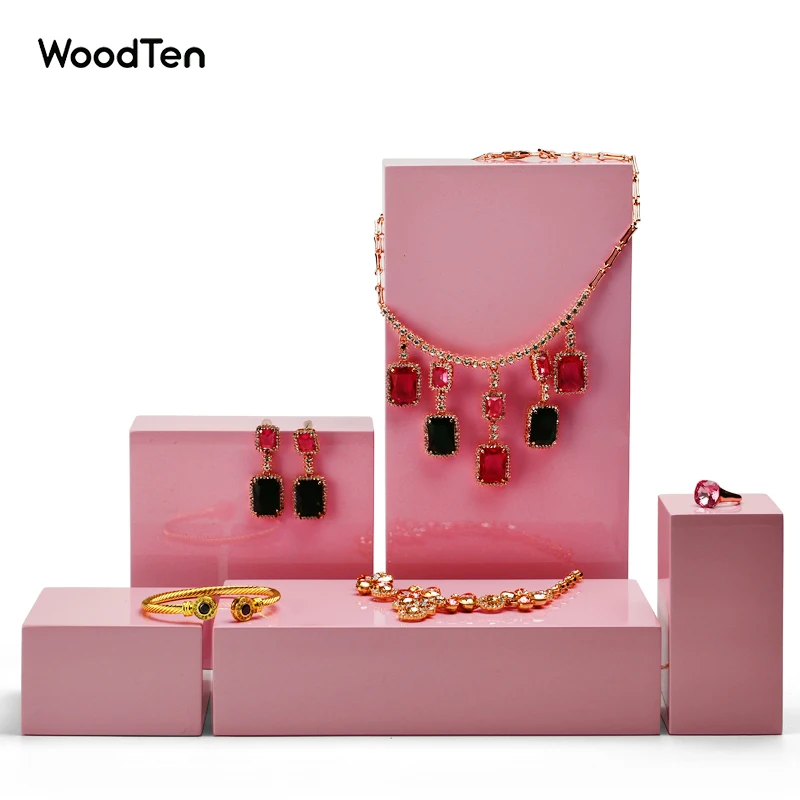 

WoodTen Pink Jewelry Display Set Wooden Ring Bracelet Display Stand Set Earring Pendant Organizer Holder for Showcase