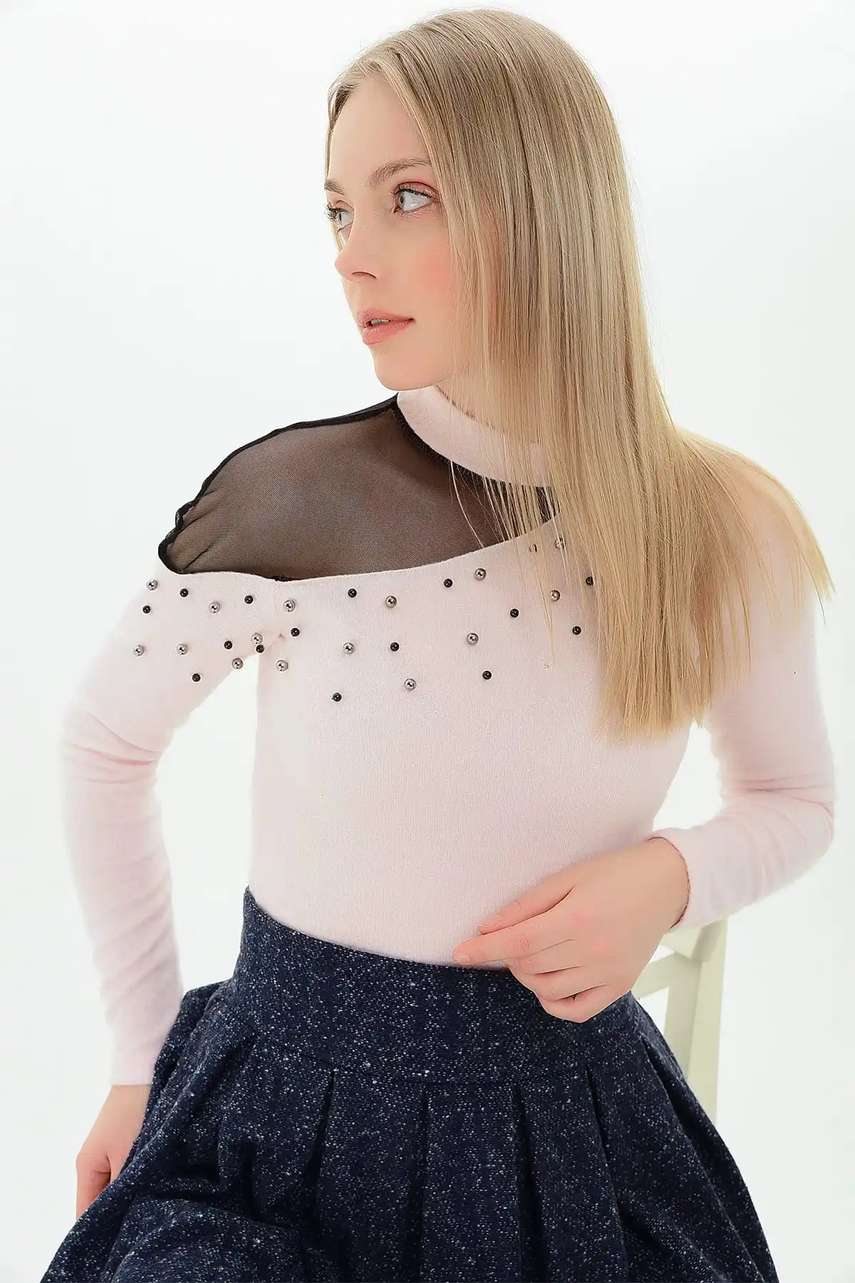 Хлопковое настроение Женская пудра ресницы тек Шул тюль с жемчугом блузка