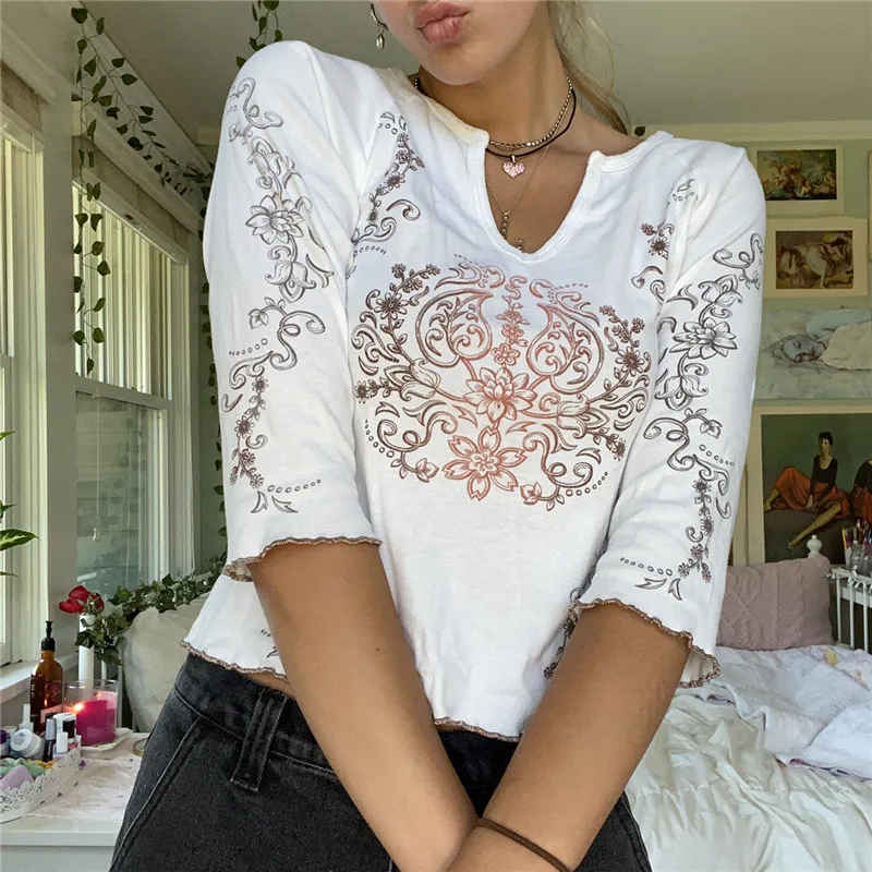 Xingqing Angel Wings Print Tops Fairy Grunge Graphic T Shirts Vintage Indie Aesthetic Clothes Cyber Y2k Slim Long Sleeve Top couple t shirt