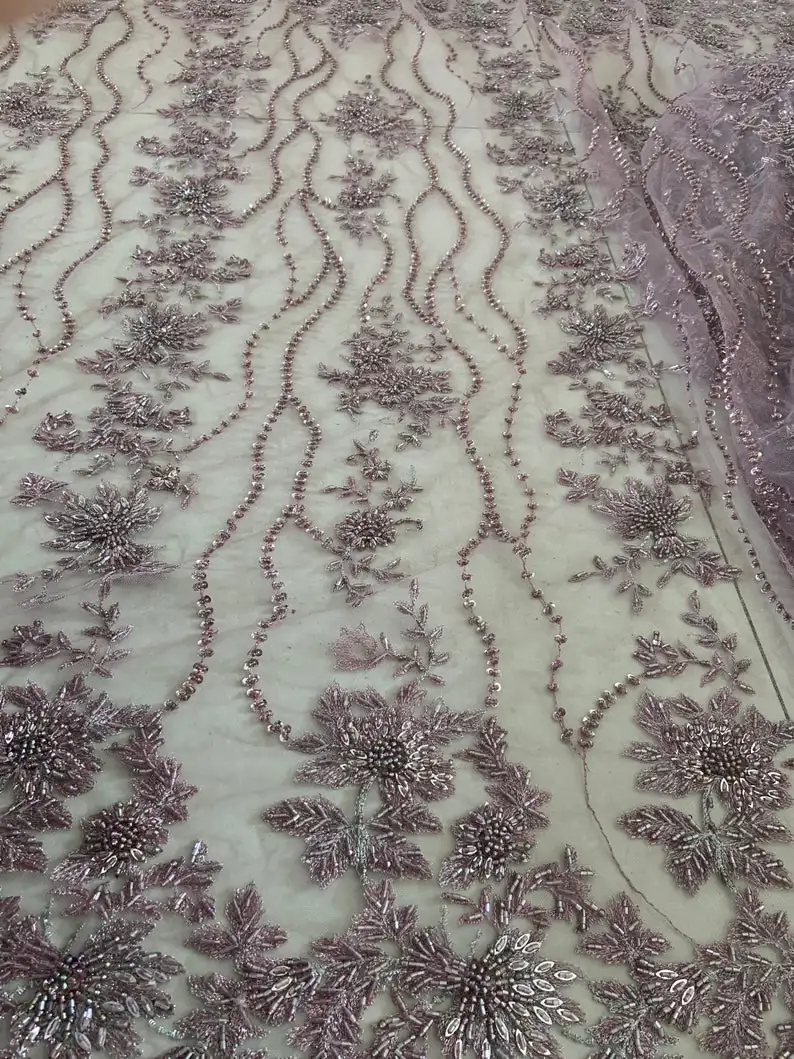 Кружевная ткань из фиолетовых бусин с бусинами кружевная тяжелых 3D цветами | Дом