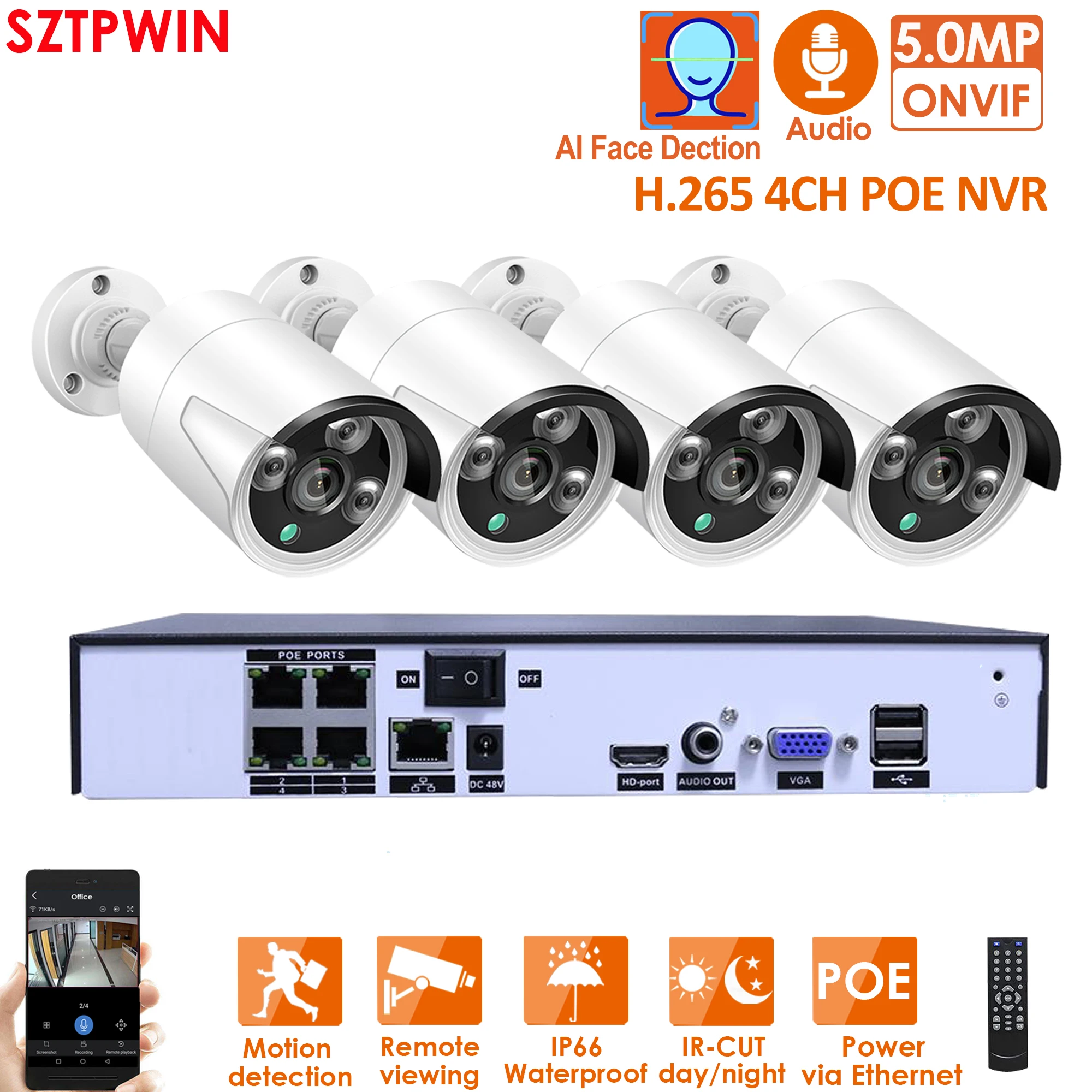 Система видеонаблюдения H.265 + 4CH Onvfi 5.0MP POE NVR система безопасности 3 Мп 5Мп аудио IP