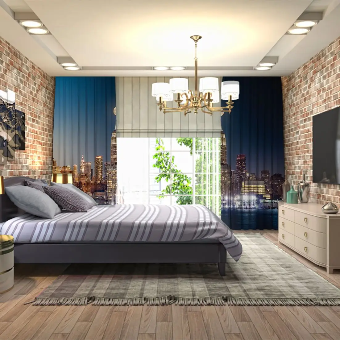 Занавески композитные день в ночь Timelapse с полной луной поднимающейся над Нью