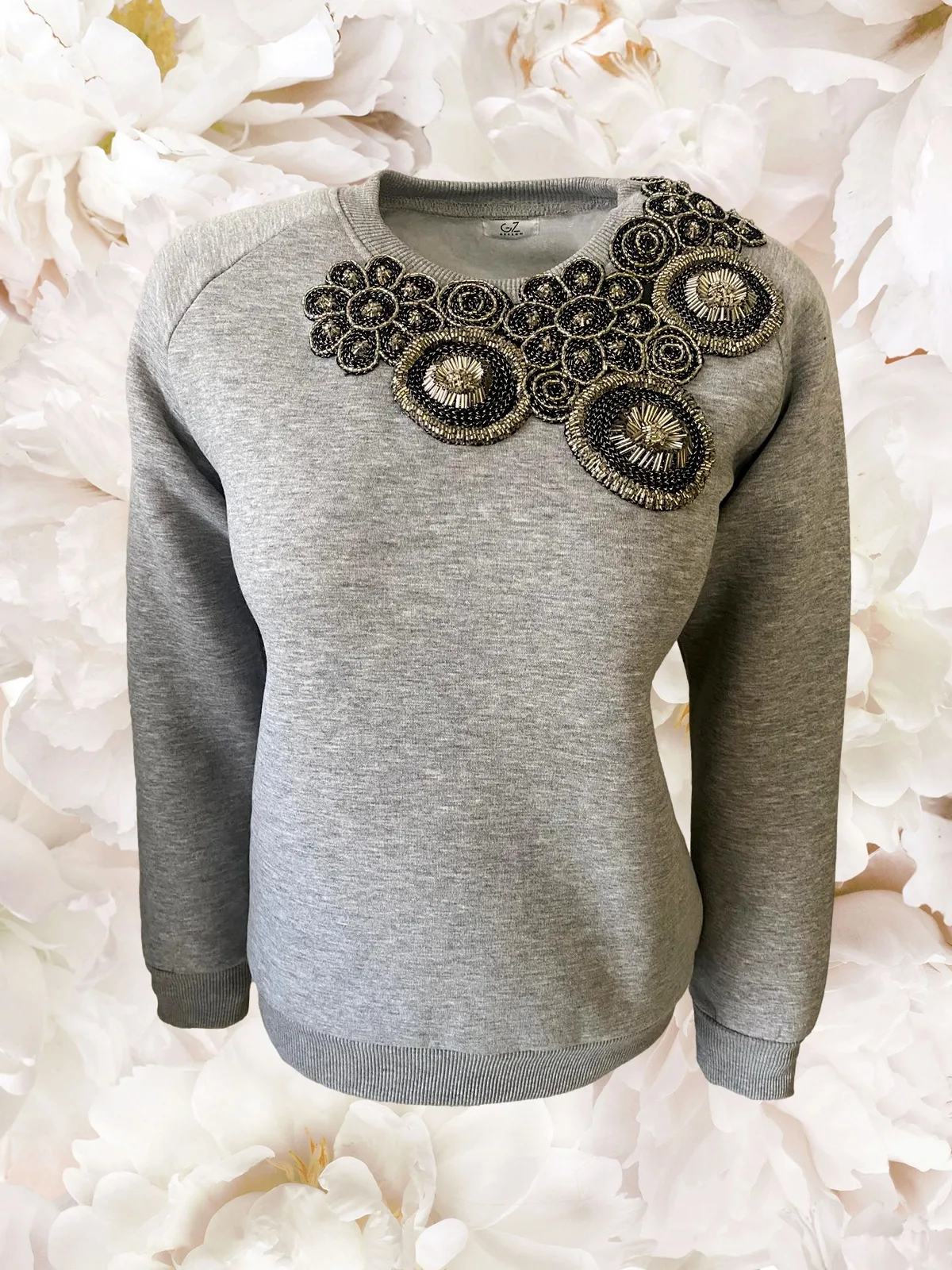 Handmade Crystal Bead Embroidered Women Gray Fleece İnside Sweatshirt