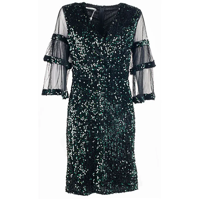 2021 женское вечернее платье 250047 из пайэток, V -образный вырез, рукав 3/5 сетка,  сетчатое платье размер плюс