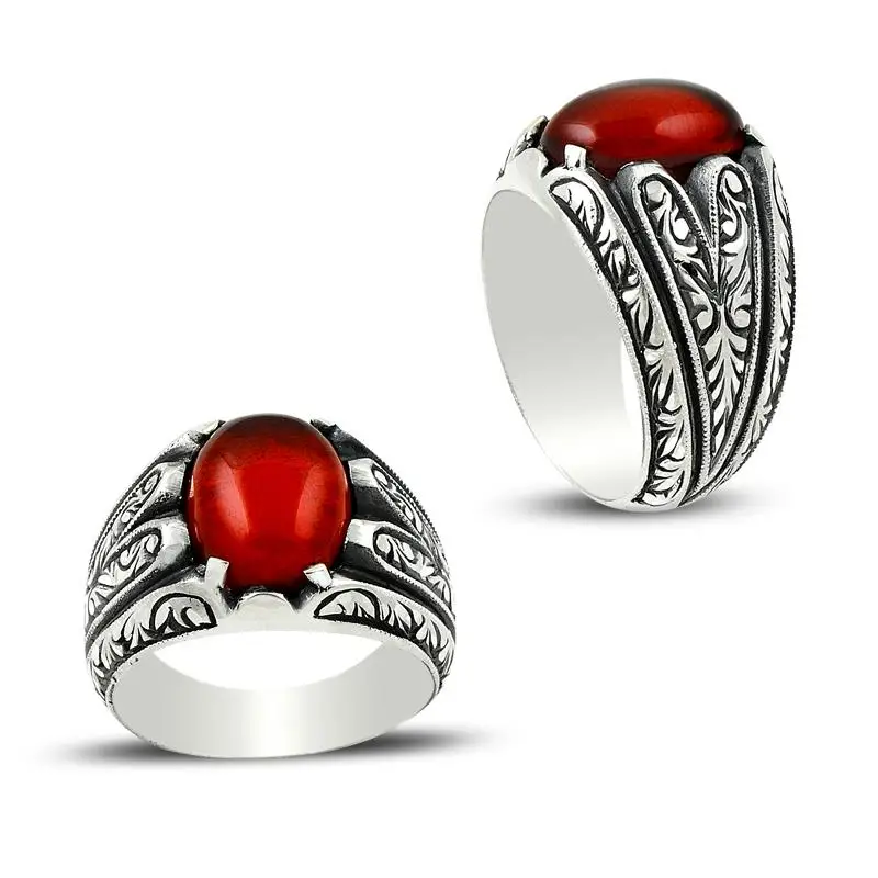 

Red Fire Amber Gemstone Ring Men's Silver Handmade Vintage Solid 925 Sterling Quality Elegant Luxury Excellent Design Special