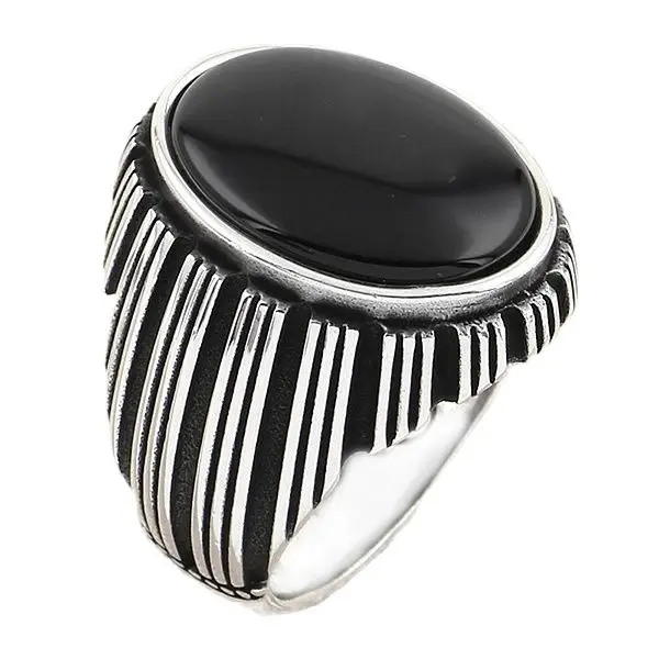 

925 Sterling Silver Men's Ring with Oval Black Onyx Natural Gemstone with Striped Design Jewelry Gift for Husband for Father