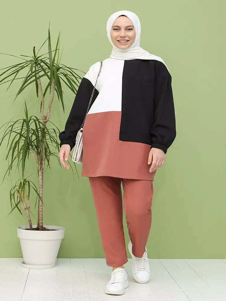 

Tunic Trousers Double Suit 2 Piece Women's Sets Crew Neck Tunic High Waist Wide Leg Four Seasons Hijab Modest Clothing Fashion