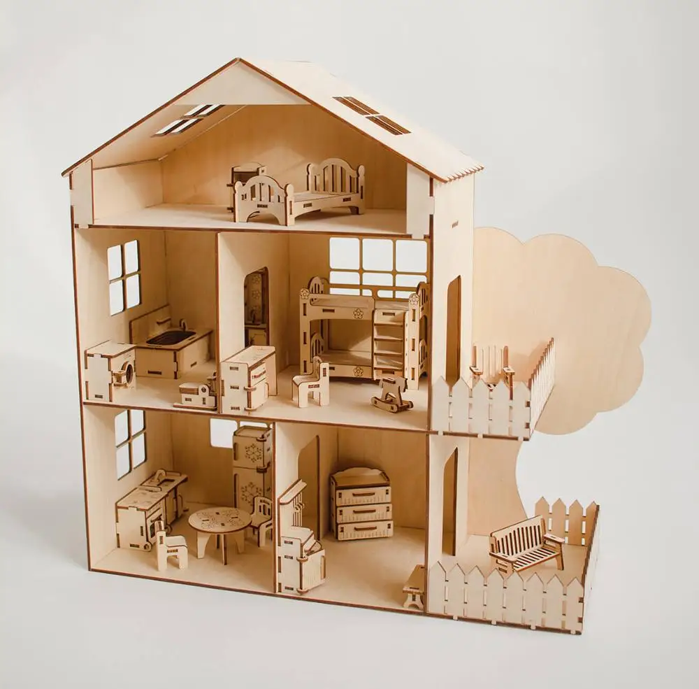Кукольный дом из фанеры с деревом 53x20x50 см + подарок; деревянный кукольныйдомик конструктор