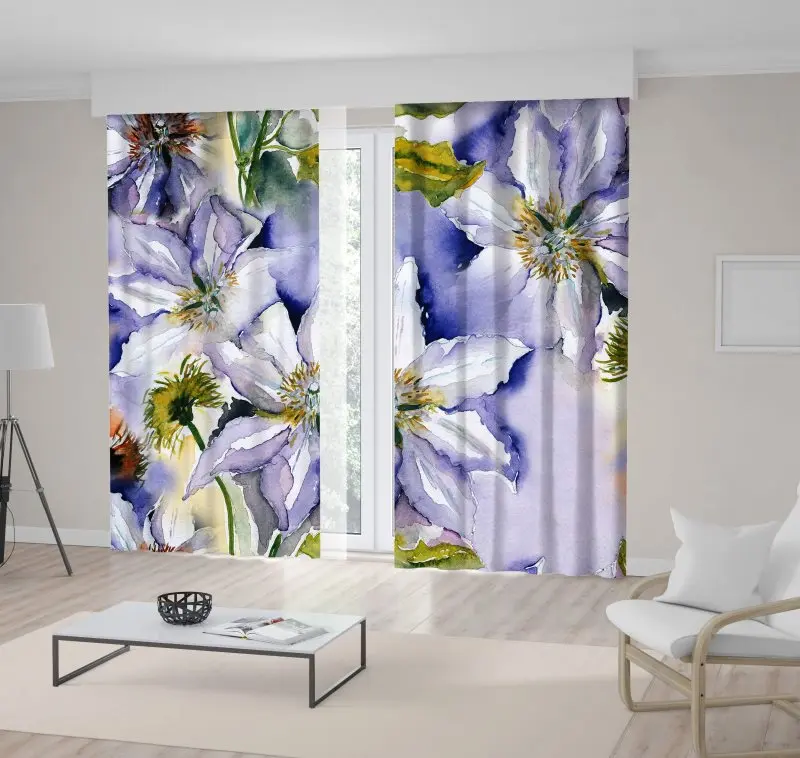 

Curtain Clematis Flowers Pattern Decorative Nature Botanical Theme Watercolor Art Printed Purple Green