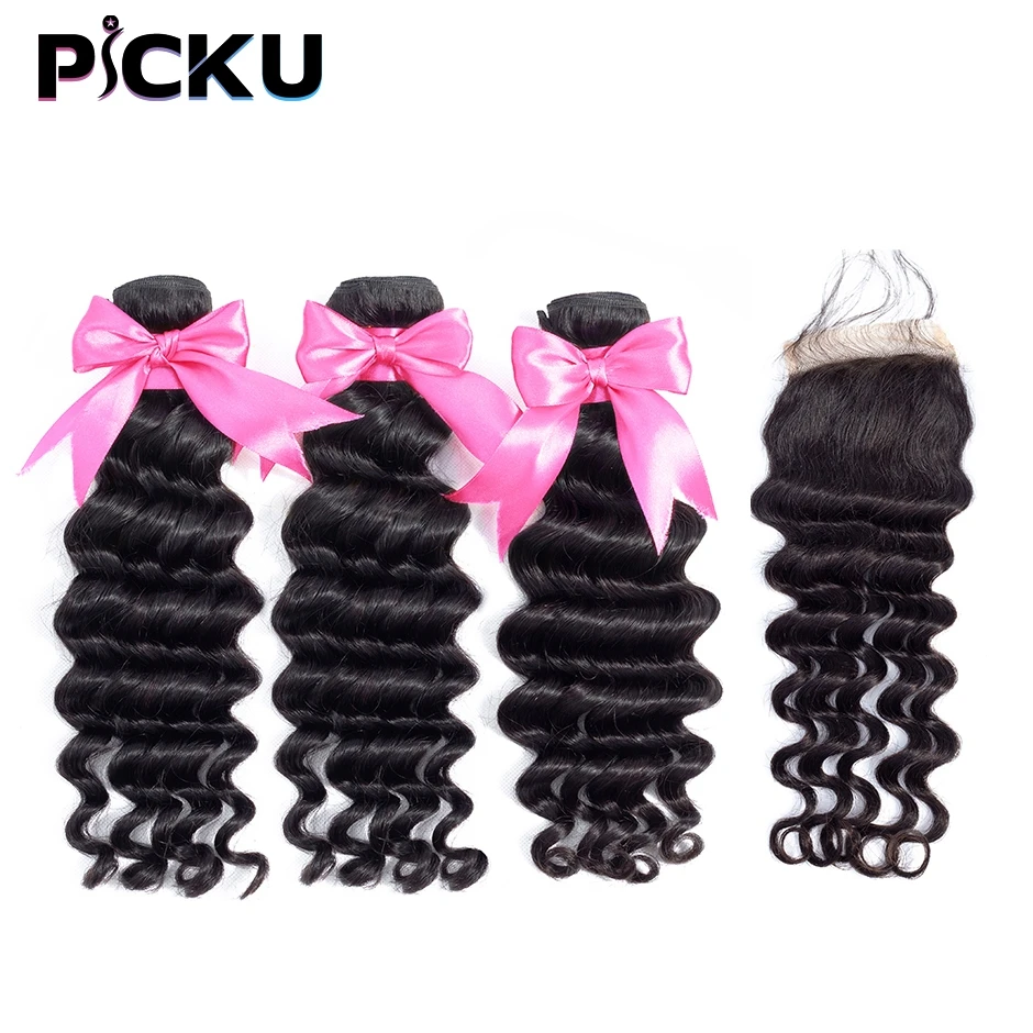 Brazilian Loose Deep Bundles With Closure 100% Remy Human Hair Bundles With Closure 3/4 Bundles Hair With Closure PICKU HAIR