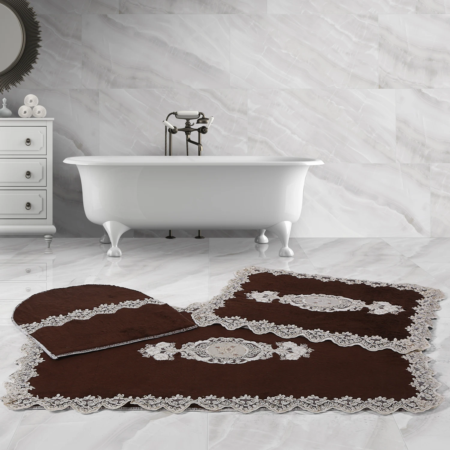 

Bonny Home Lisa Rectangle Brown 3 Pieces French Lacy Plush Bath Mat Non Slip Leather Based Machine Washable Rug Set
