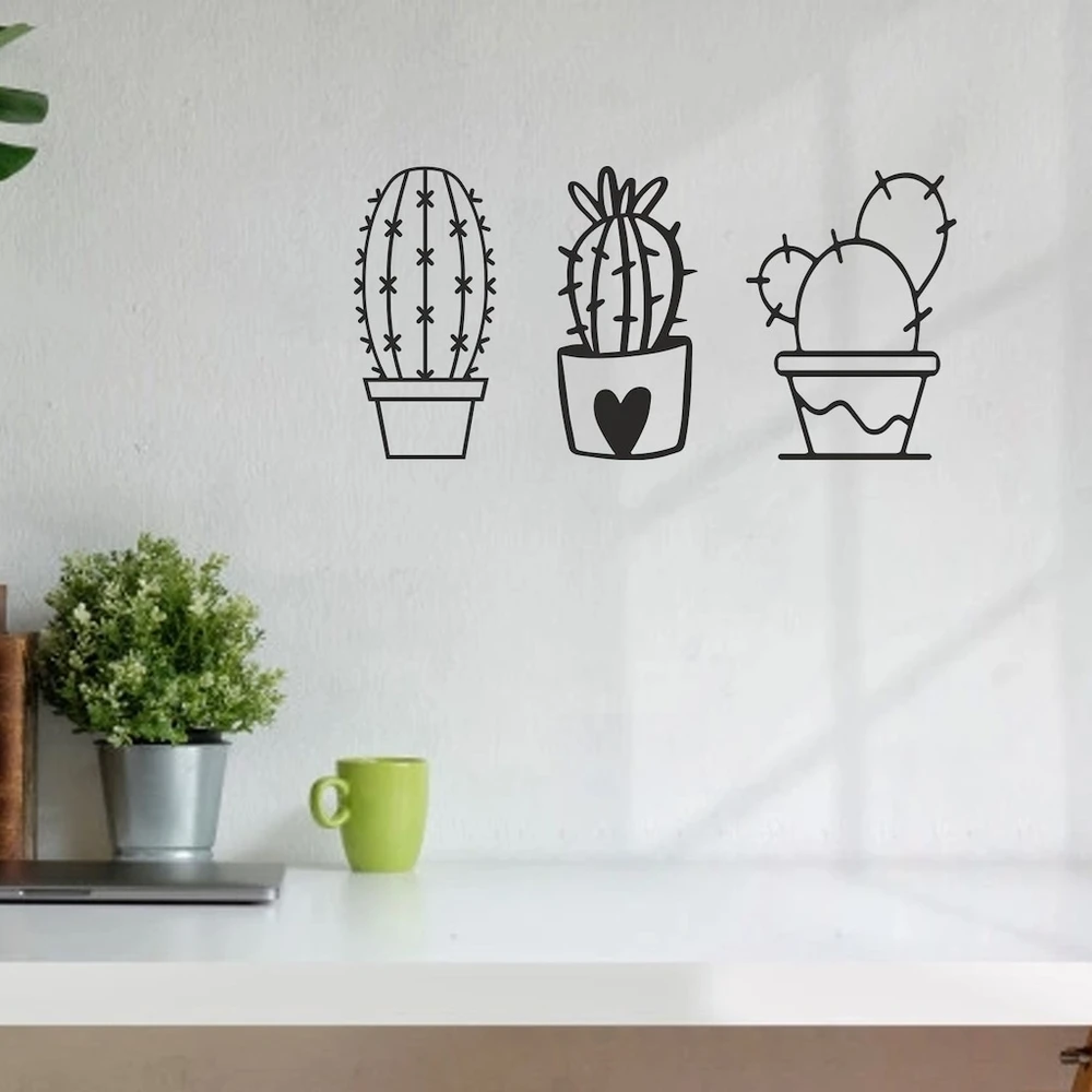 Деревянный 3 шт. Милый цветок кактуса Настенное искусство и украшение Ваза