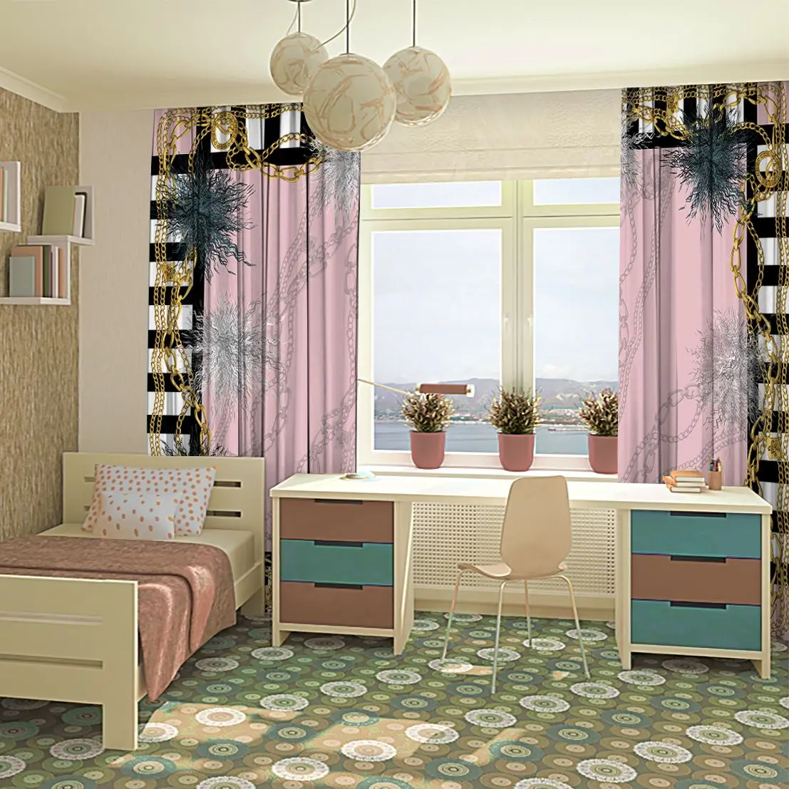 Занавески в полоску с золотой цепочкой и цветочным узором стиле барокко