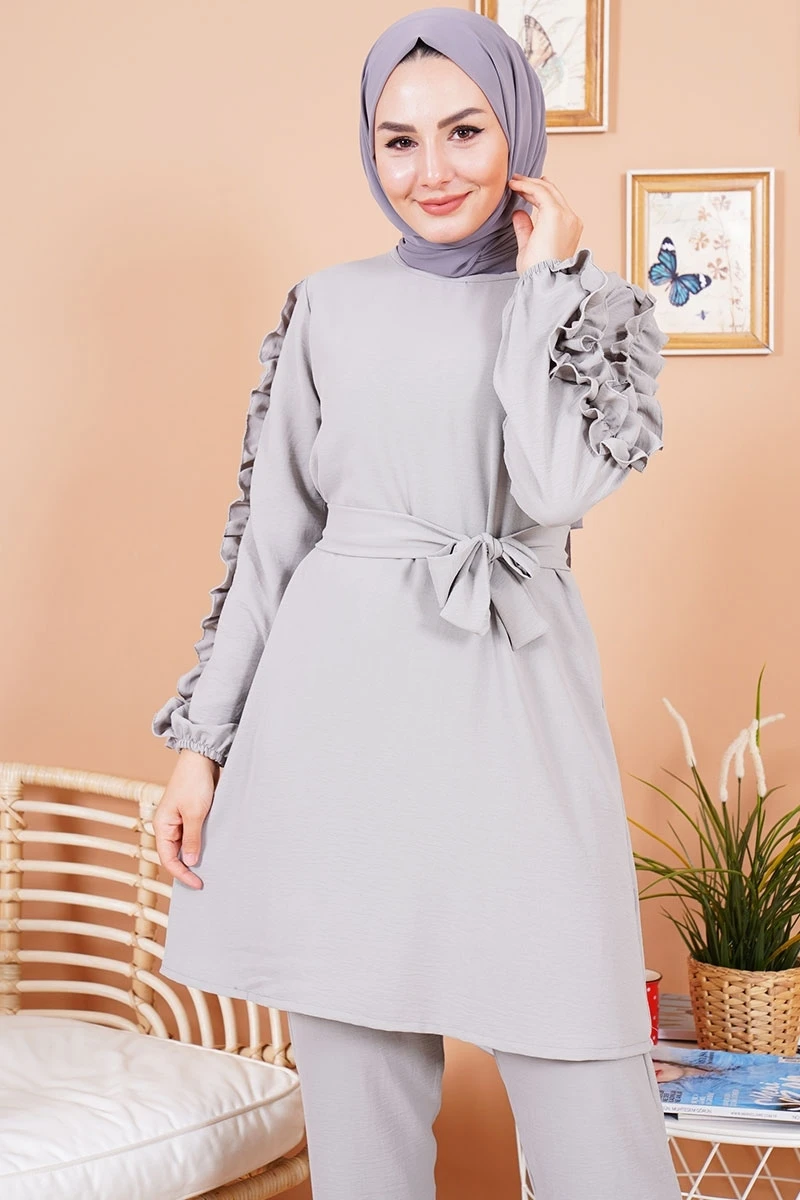 Женский комплект из двух предметов топ и брюки с оборками длинным рукавом