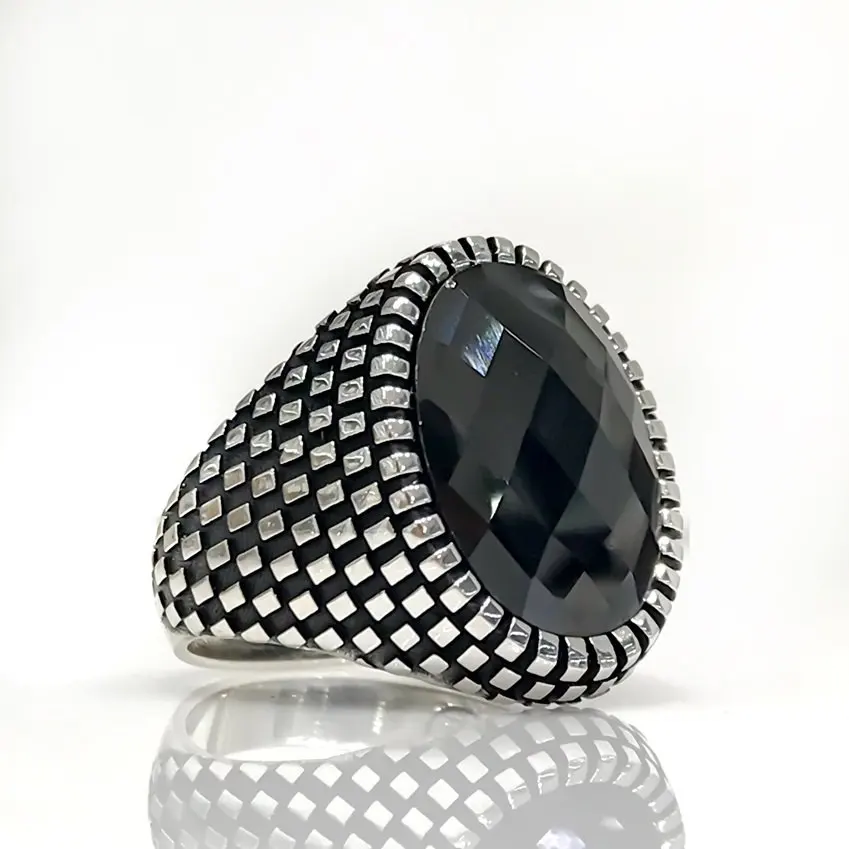 New Design Black Cut Onyx Silver Men 'S Ring