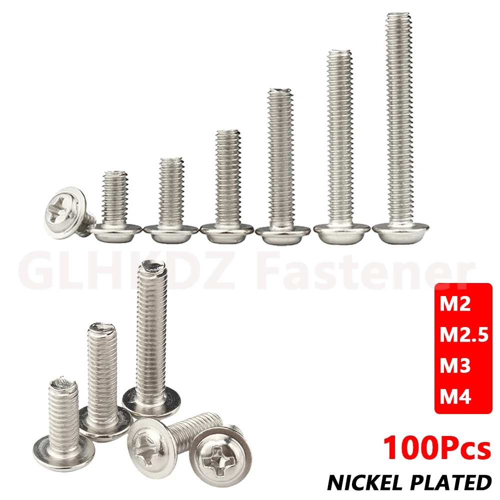 

100X M2 M2.5 M3 M4 PWM Pan Round Head with Washer Machine Screw Phillips Cross Recess Laptop Electrical Bolt Nickel Plated Steel