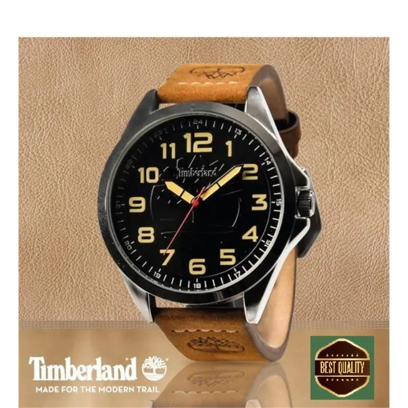 Мужские кварцевые часы Timberland с черным циферблатом кожаным коричневым ремешком
