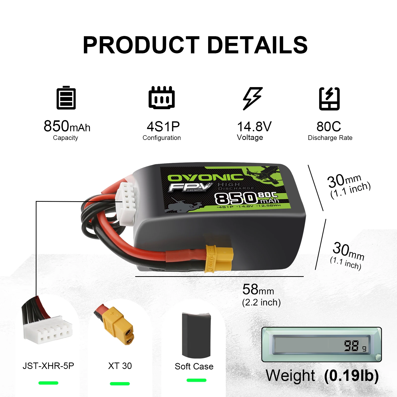 4PCS Ovonic 80C 14.8V 850mAh 4S Lipo Battery for FPV XT30 Plug for 150mm to 210mm size FPV like Squirt V2. enlarge