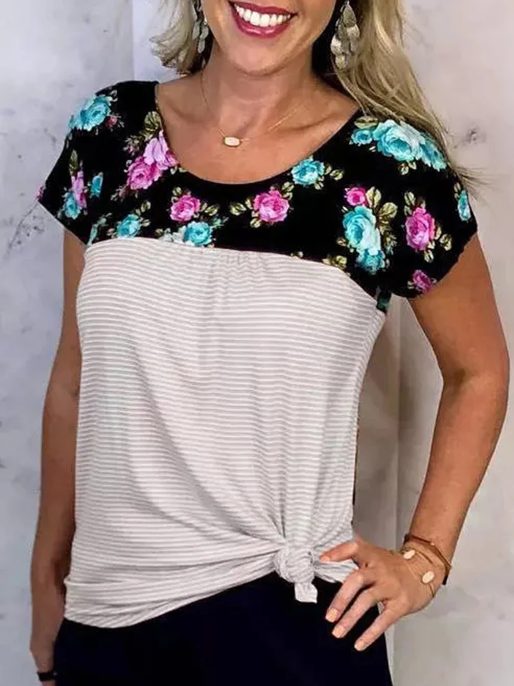 

Summer T-Shirt Women Contrast Floral Print Striped Panel String Back Top Sexy O-Neck Short Sleeve Top Casual Woman Tops Clothes