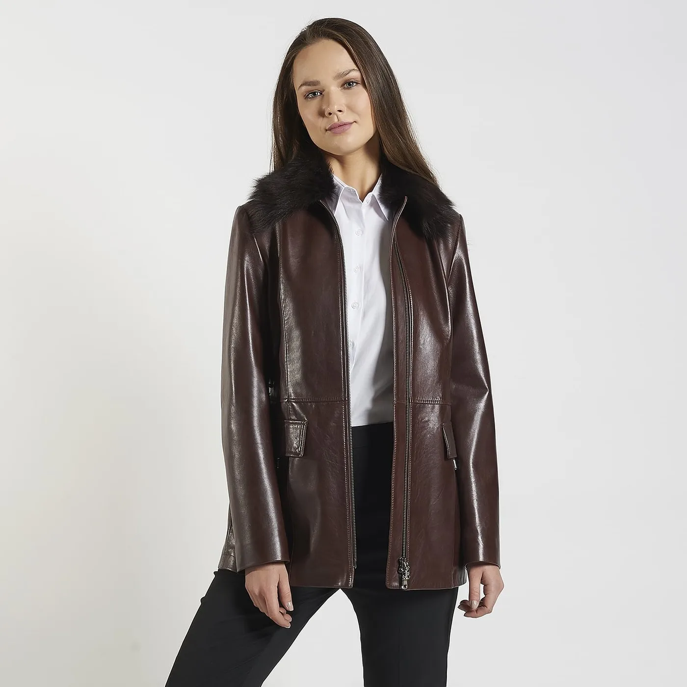 Genuine Sheep Leather Jacket for Women, Black Color Hooded Classic Long Leather Jackets, Leather Goods from Turkey