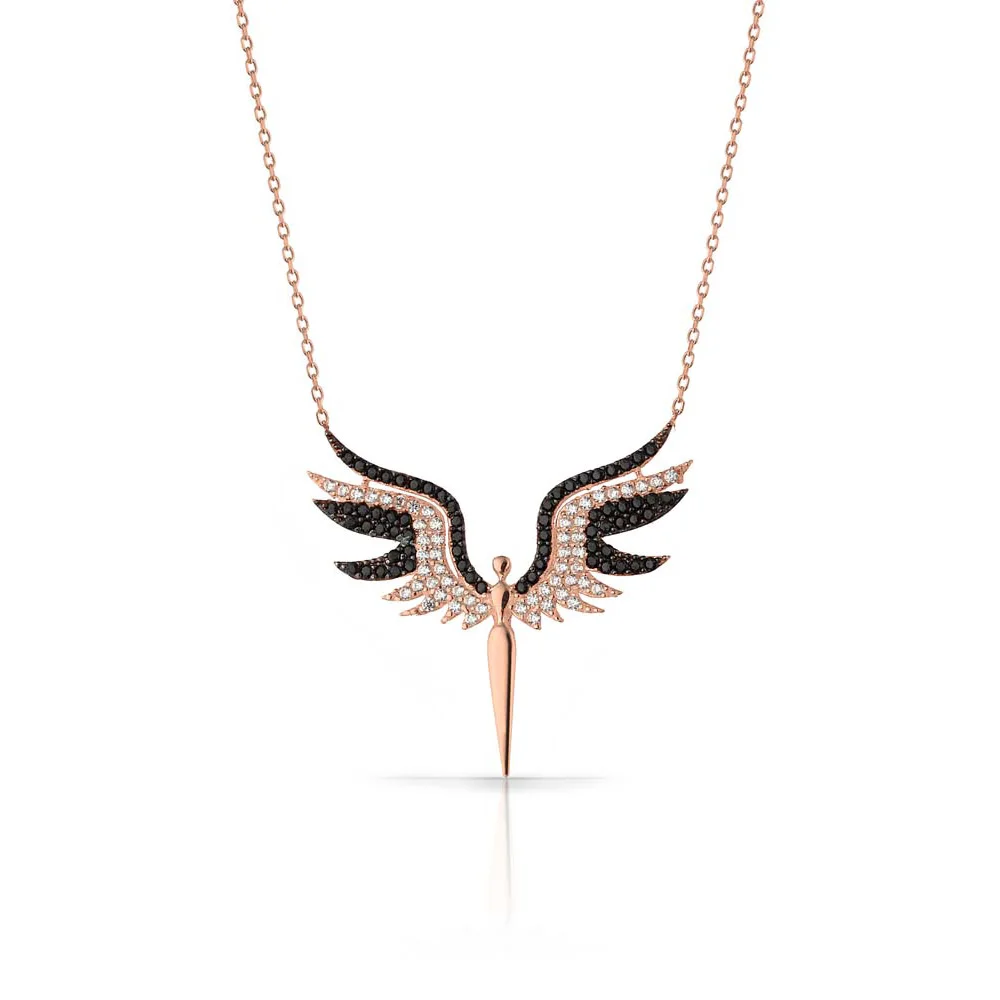 Glossy Guardian Angel Pendant Featuring Black Zircon Necklace Jewelry Sterling Silver with Chain