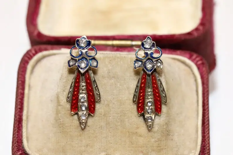 

Antique Original Victorian 14K Gold Natural Rose Cut Diamond Decorated Enamel Earring