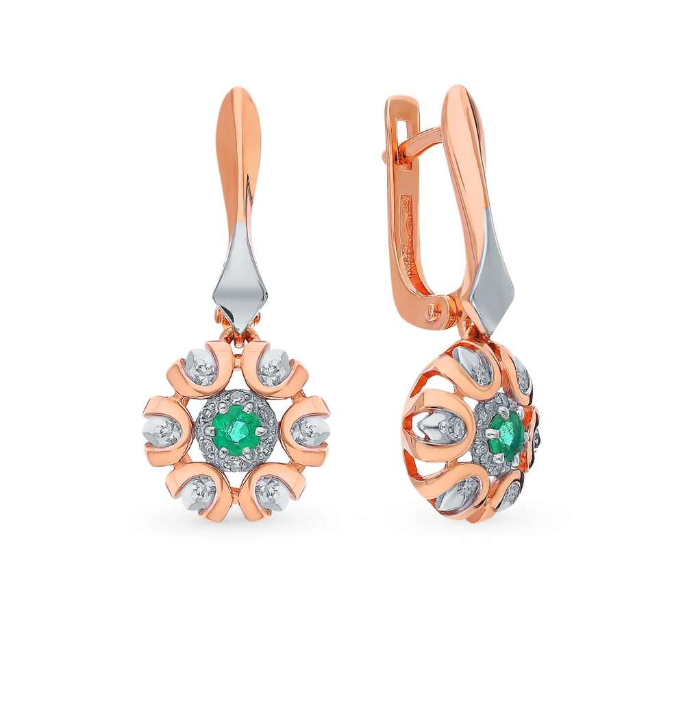 Золотые серьги с изумрудами и бриллиантами SUNLIGHT проба 585 | Украшения аксессуары