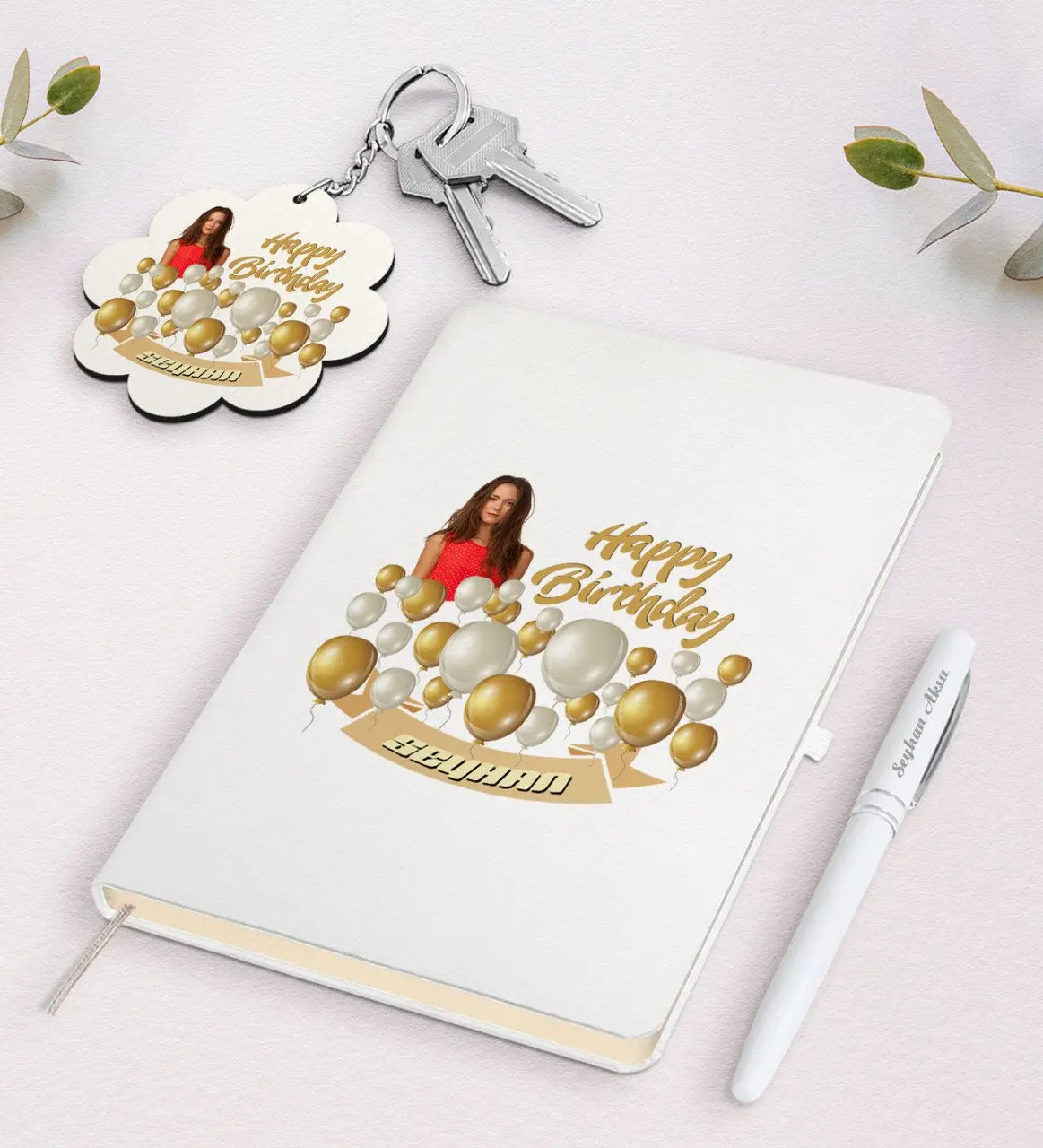

Personalized Photo Birthday White Notebook Pen and Keychain Gift Seti-7 Reliable Quality Gift Casual Design Moment