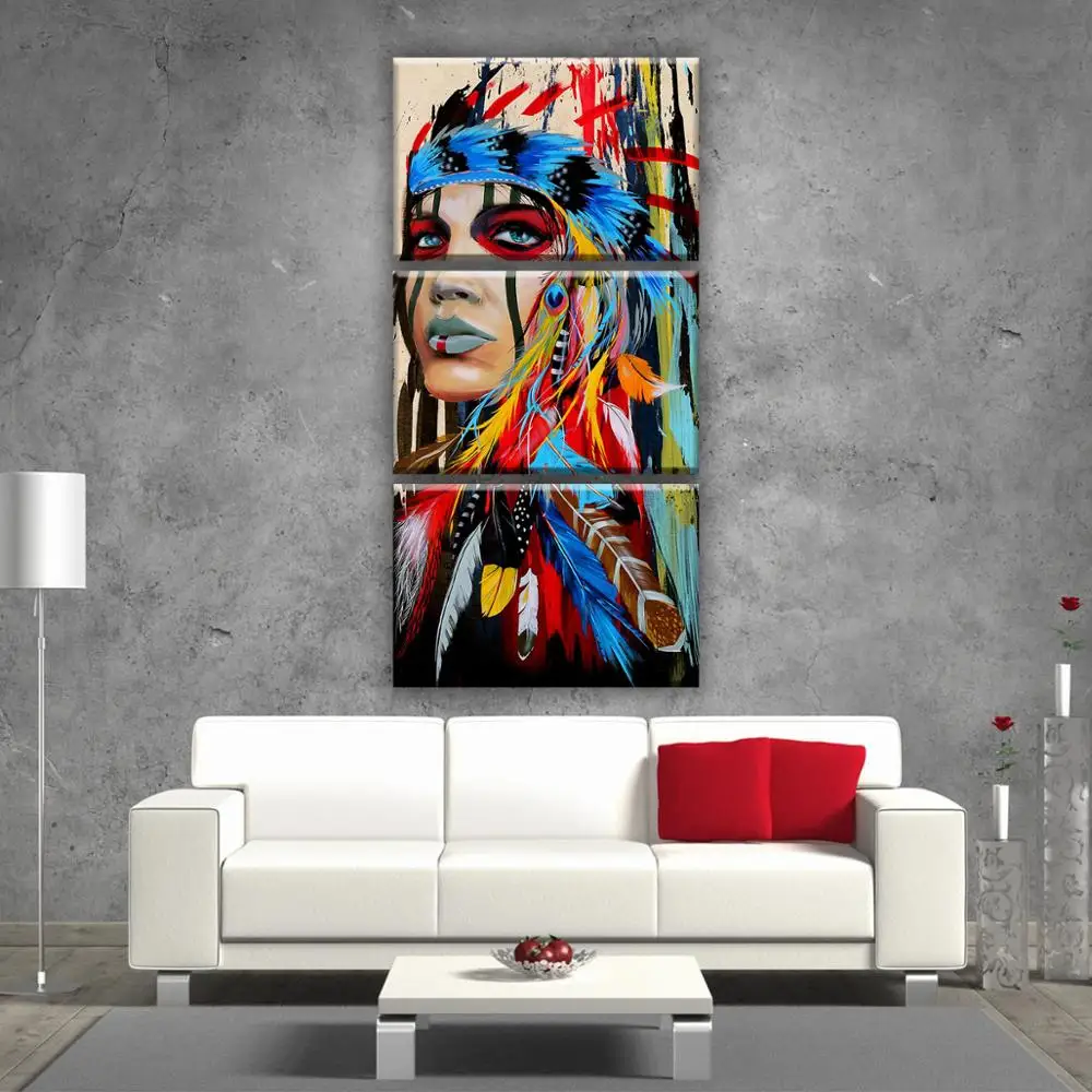 Модульная картина на холсте 3 модуля триптих Индеец живопись. Вертикальная в