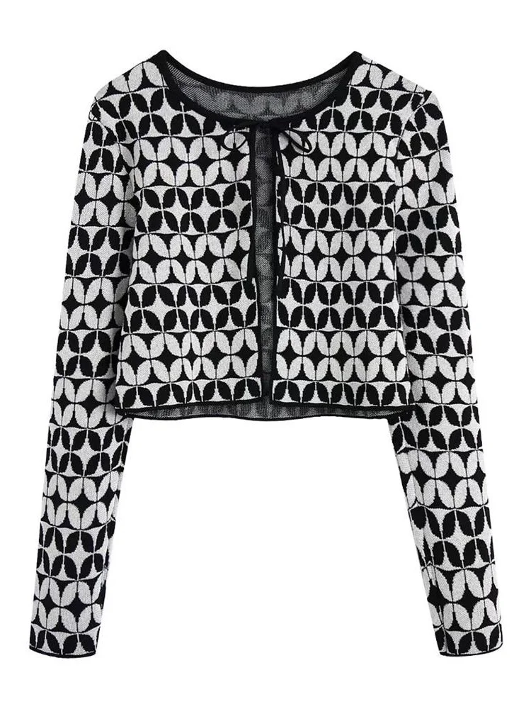 

ZXQJ Women 2022 Fashion Geometric Jacquard Knit Open Cardigan Sweater Vintage Tied O Neck Long Sleeves Outerwear Chic Femme