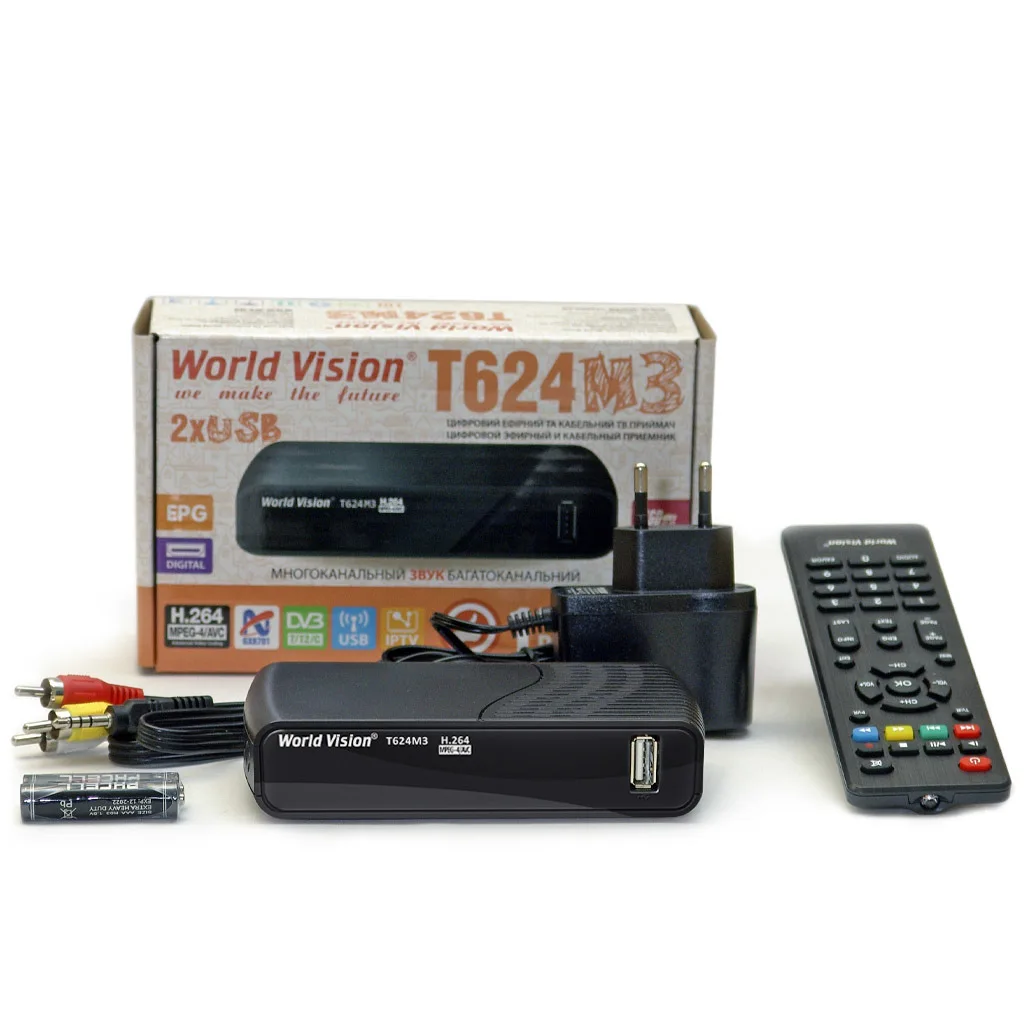 Эфирный цифровой ресивер World Vision T624M3 DVB-C DVB-T DVB-T2 FullHD HDMI 3.5 мм mini-jac USBx2 IPTV H.264 пластик |