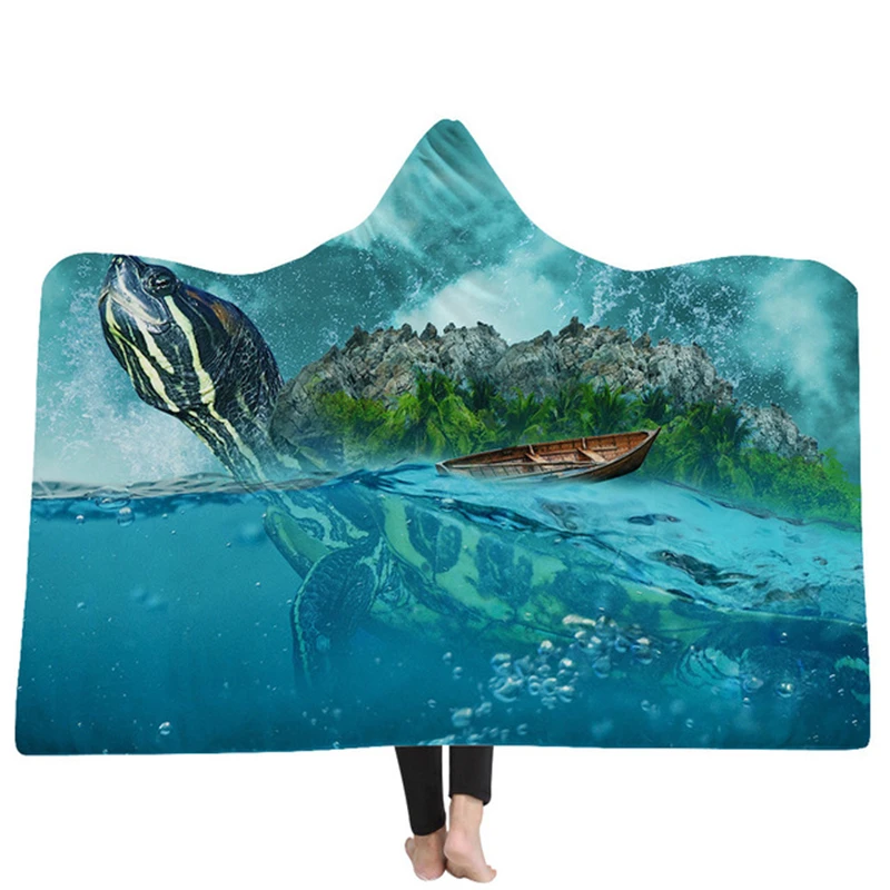

Turtle Tortoise Printed Plush Hooded Blanket Adults Kid Warm Home Blankets Double layer Fleece For Beds Wearable Throw Blankets