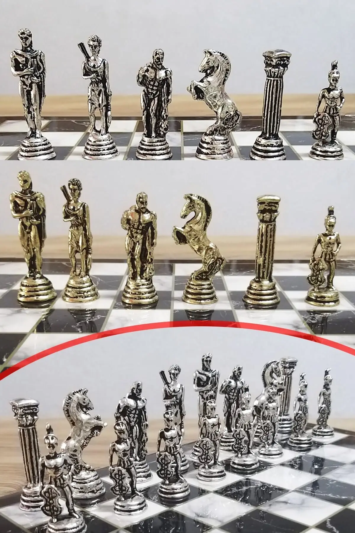 

Metal Chess Set Ancient Greek Mythological Shielded Roman Soldier Figure 27x27 Cm Plated Marble Sehpalı