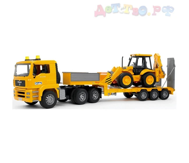02-776 Тягач с прицепом–платформой MAN колёсным экскаватором–погрузчиком JCB 4CX